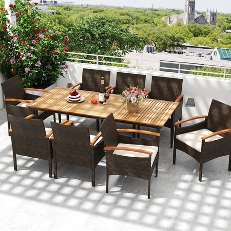 9 Pieces Patio PE Wicker Dining Set with Cushions and Umbrella Hole
