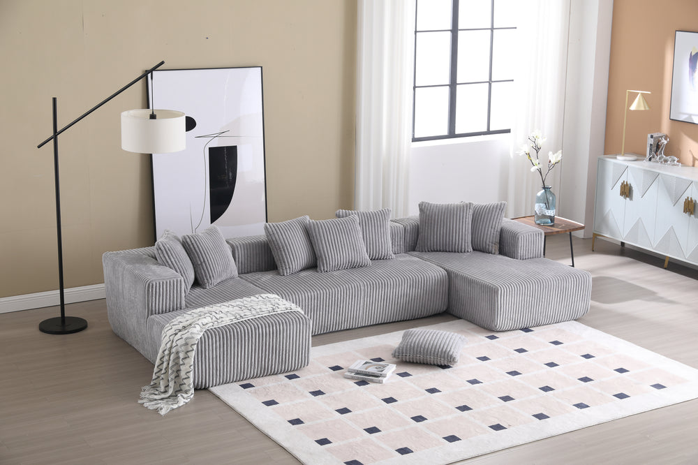 Valencia Alexus Corduroy Fabric U-Shape Sectional Sofa, Light Grey