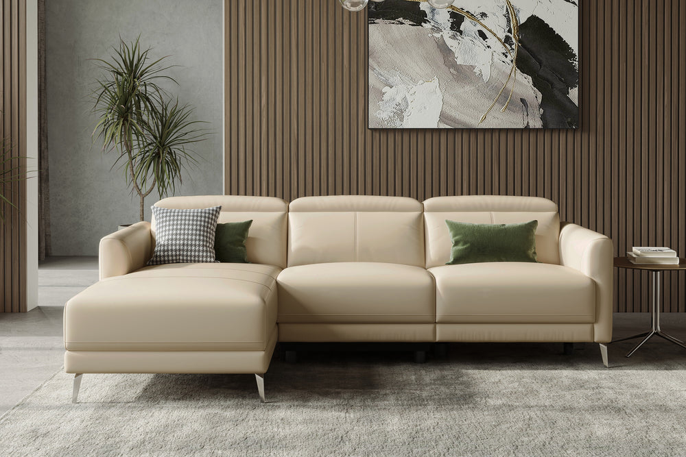 Valencia Andria Modern Left Hand Facing Top Grain Leather Reclining Sectional Sofa, Beige Color