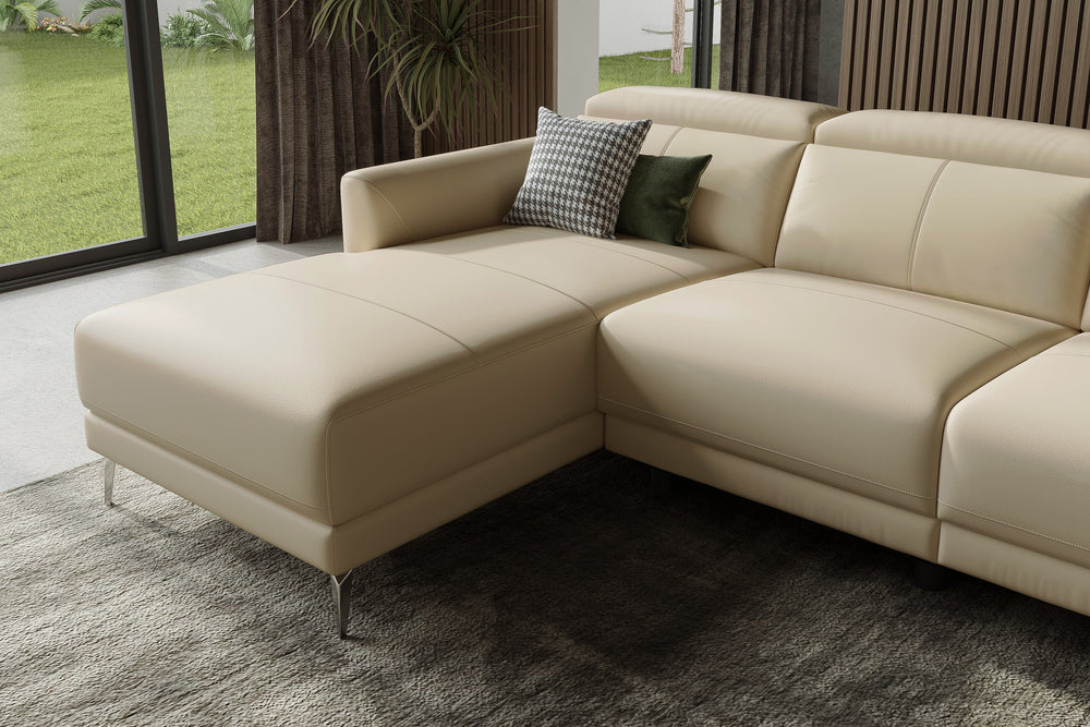 Valencia Andria Modern Left Hand Facing Top Grain Leather Reclining Sectional Sofa, Beige Color