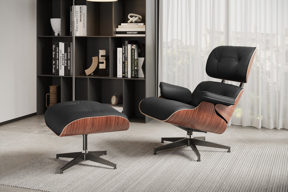 Valencia Armoni Eames Replica Top Grain Leather Lounge Chair & Ottoman, Black Color