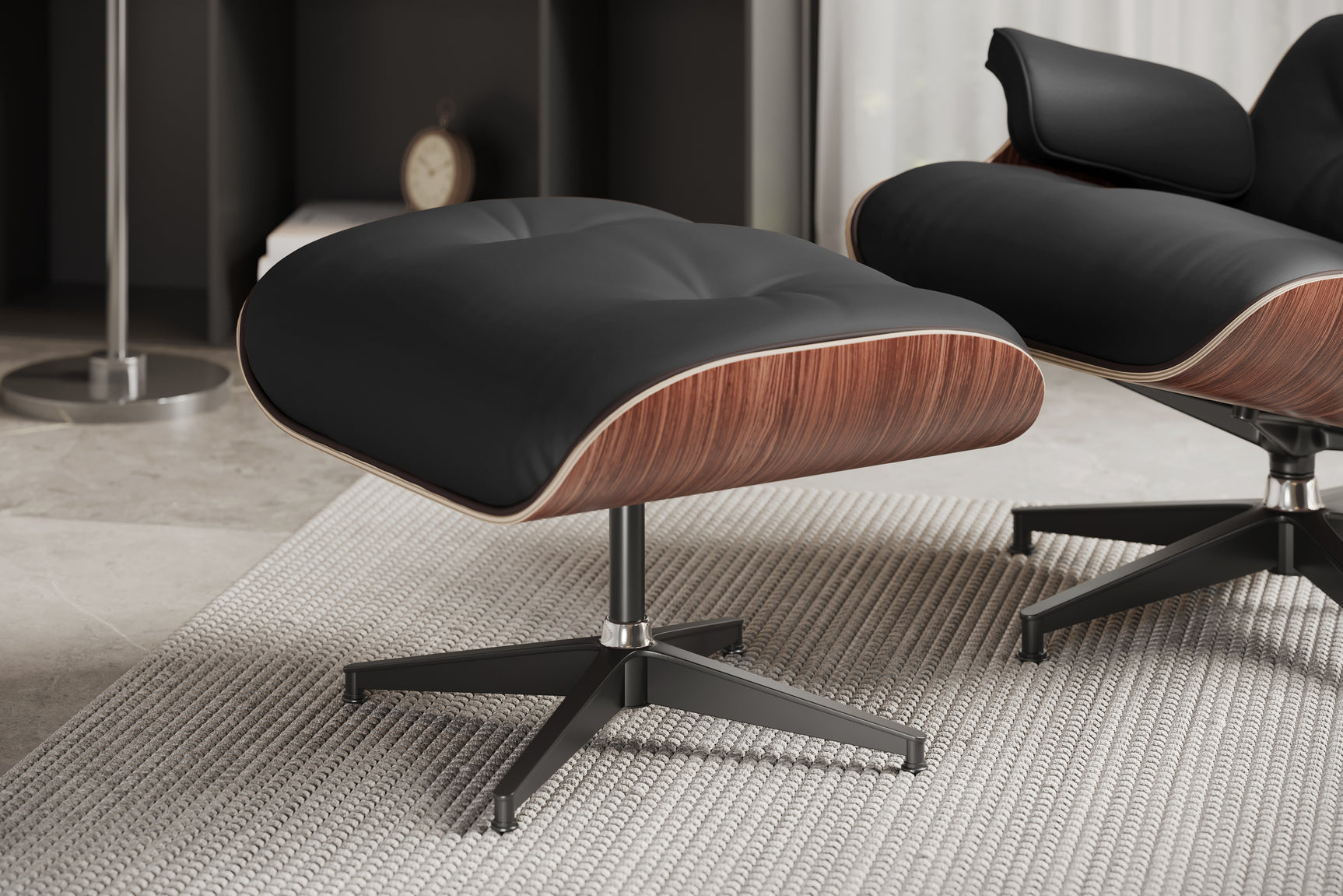 Armoni Eames Replica Top Grain Leather Lounge Chair & Ottoman, Black - Swivel Ottoman's Right Angled View in a Living Room.