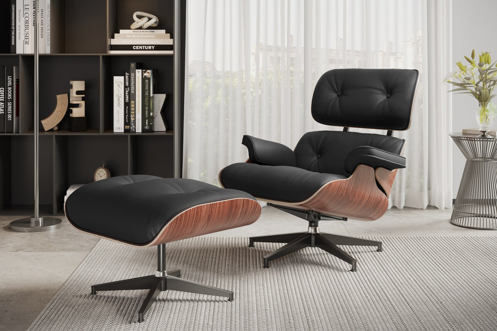 Valencia Armoni Top Grain Leather Lounge Chair & Ottoman, Black Color