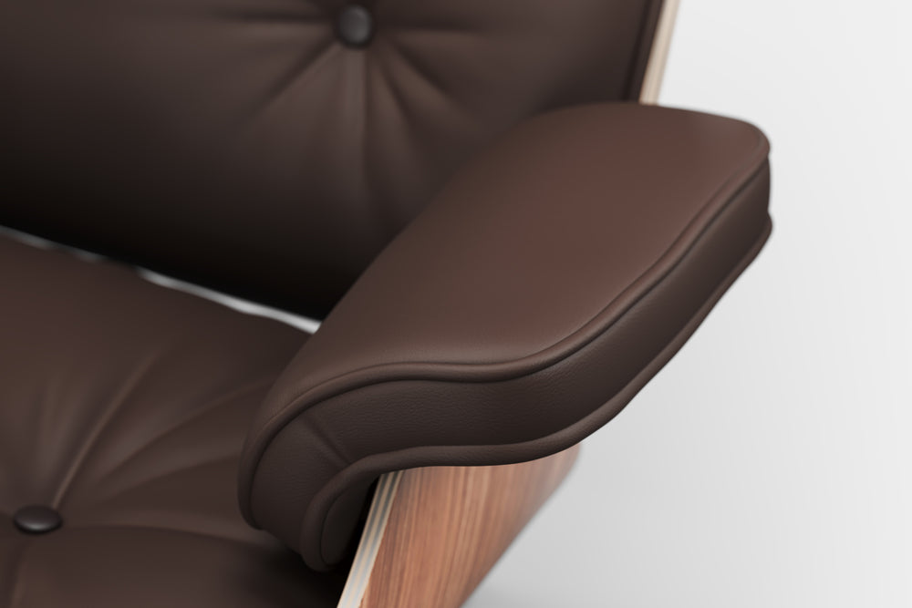 Armoni Eames Replica Top Grain Leather Lounge Chair & Ottoman, Dark Chocolate - Right Armrest Close-Up View in White Background.