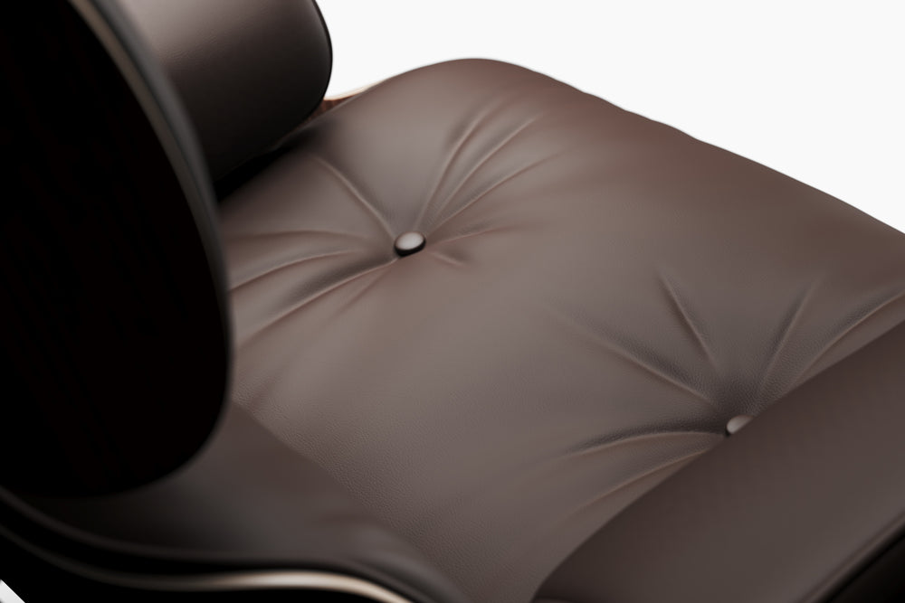 Armoni Eames Replica Top Grain Leather Lounge Chair & Ottoman, Dark Chocolate - Tufted Button Seat Close-Up View in White Background.