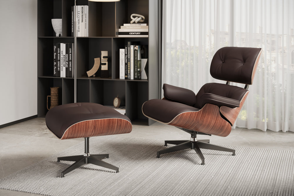 Armoni Eames Replica Top Grain Leather Lounge Chair & Ottoman, Dark Chocolate - Right Angled View in a Living Room.