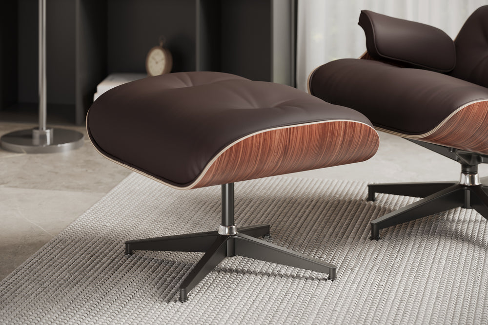 Armoni Eames Replica Top Grain Leather Lounge Chair & Ottoman, Dark Chocolate - Swivel Ottoman's Right Angled View in a Living Room.