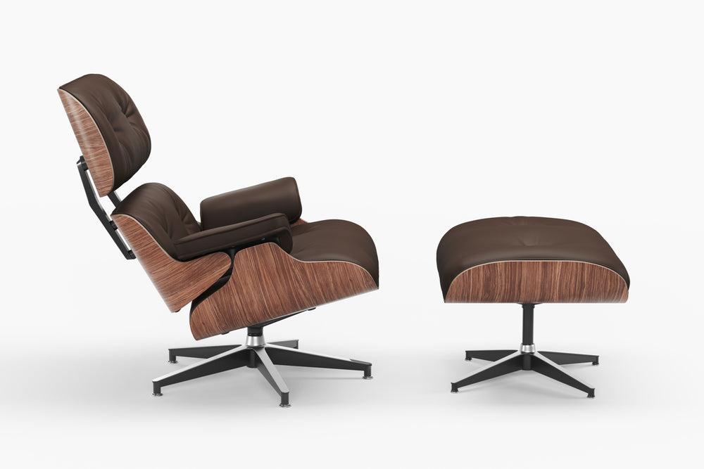 Armoni Eames Replica Top Grain Leather Lounge Chair & Ottoman, Dark Chocolate - Left Side View in White Background.