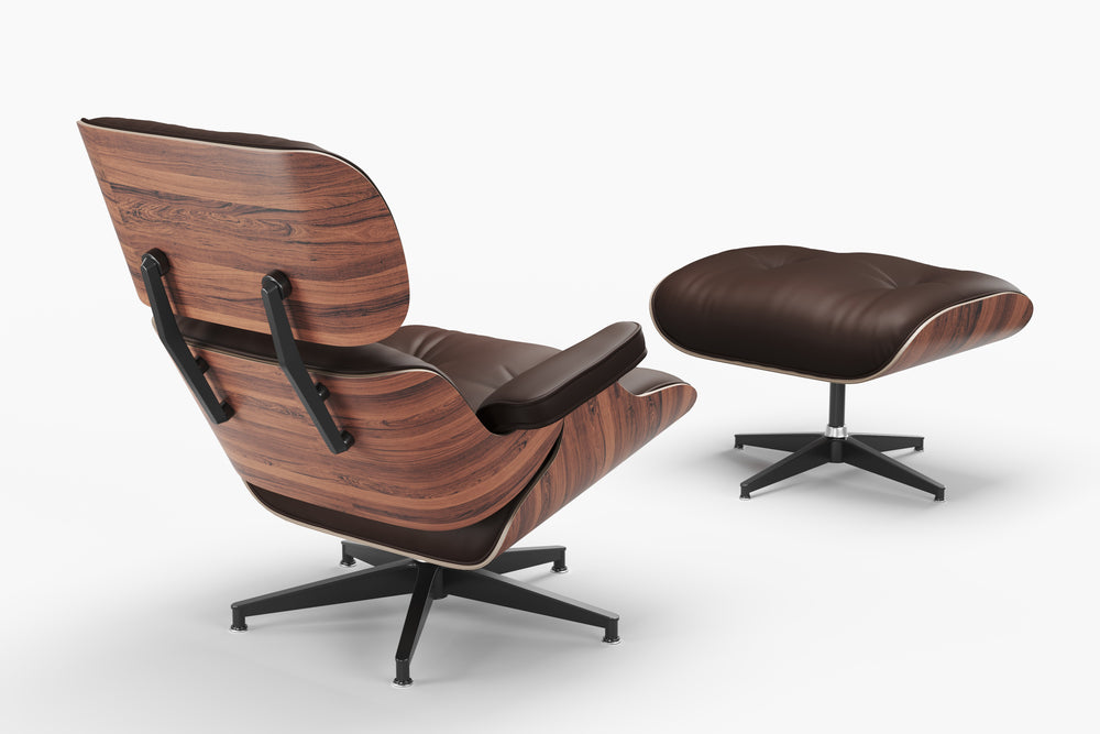 Armoni Eames Replica Top Grain Leather Lounge Chair & Ottoman, Dark Chocolate - Left Side's Back Angled View in White Background.