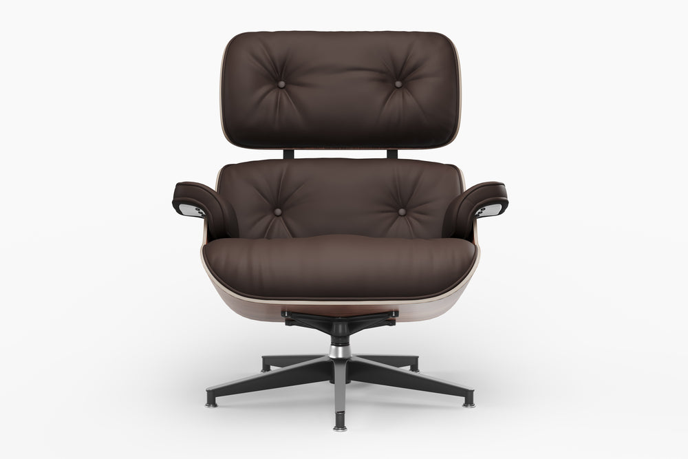 Armoni Eames Replica Top Grain Leather Lounge Chair & Ottoman, Dark Chocolate - Straight Front View in White Background.