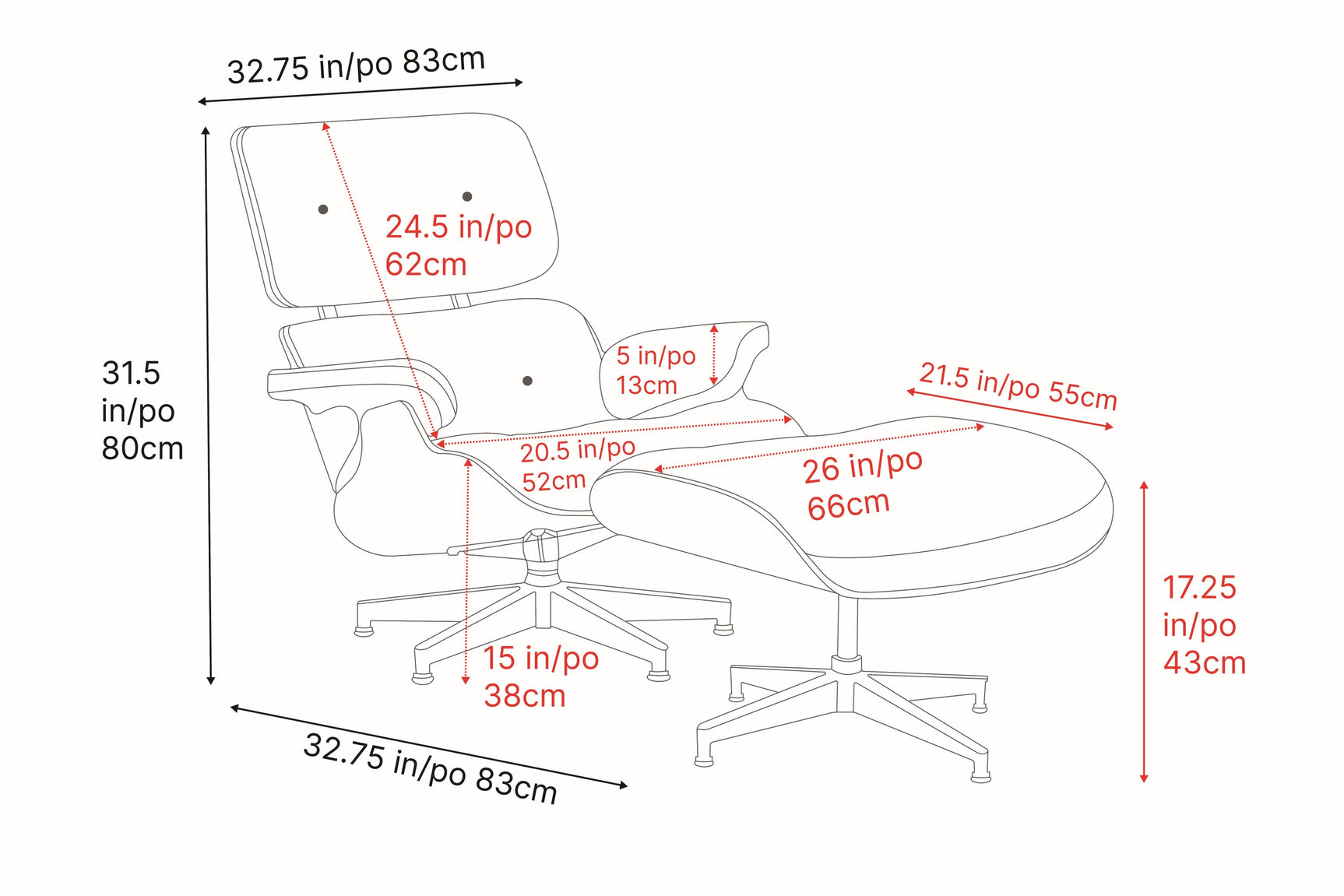 Armoni Eames Replica Top Grain Leather Lounge Chair & Ottoman - Dimension Drawing Image