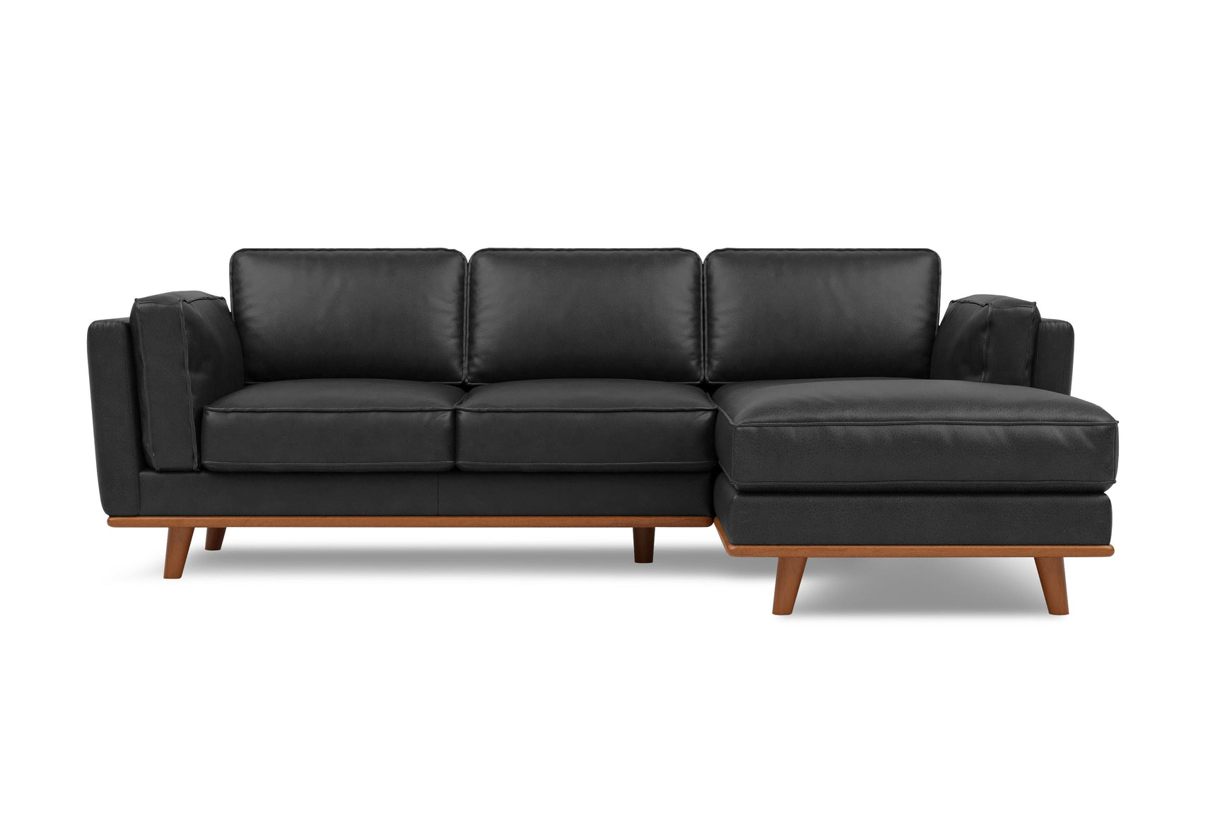 Valencia Artisan Top Grain Leather Three Seats with Right Chaise Leather Black Sofa Front view White background picture