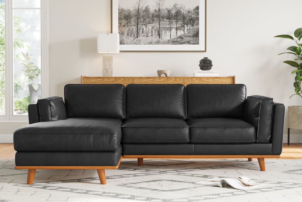 Valencia Artisan Top Grain Leather Three Seats with Left Chaise Leather Sofa, Black Color