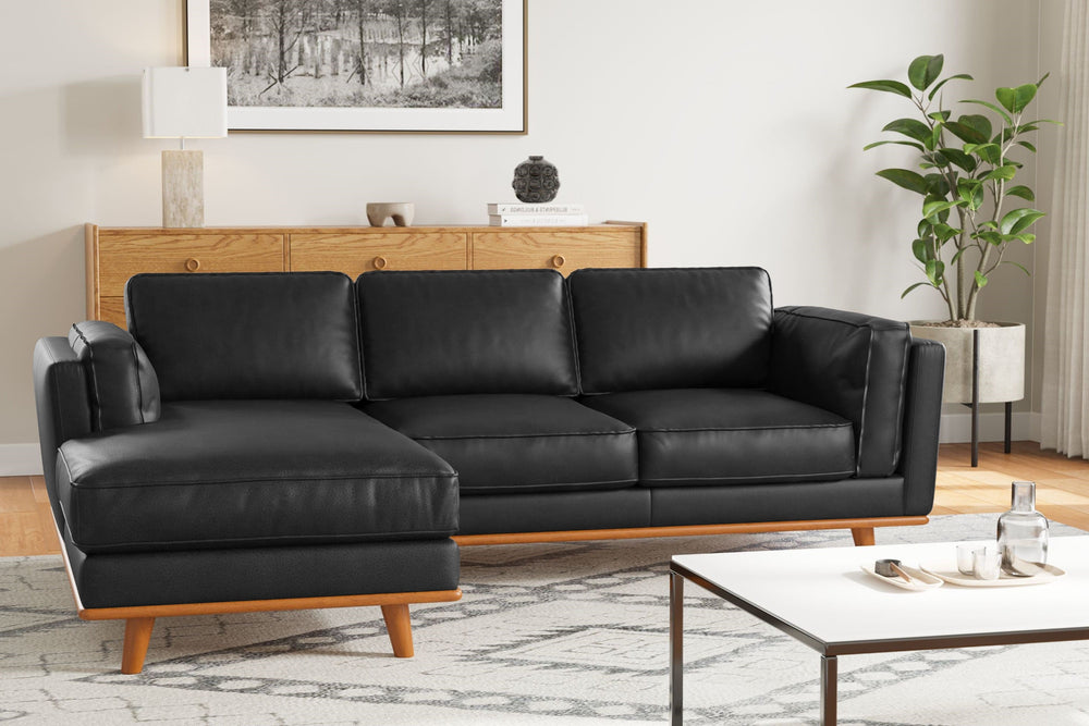 Valencia Artisan Top Grain Leather Three Seats with Left Chaise Leather Sofa, Black Color