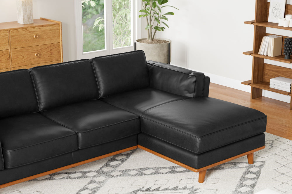 Valencia Artisan Top Grain Leather Three Seats with Right Chaise Leather Sofa, Black Color