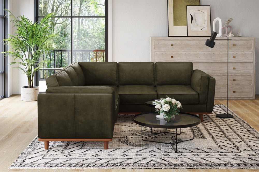 Valencia Artisan L-Shape Corner Leather Sectional Sofa, Olive Green