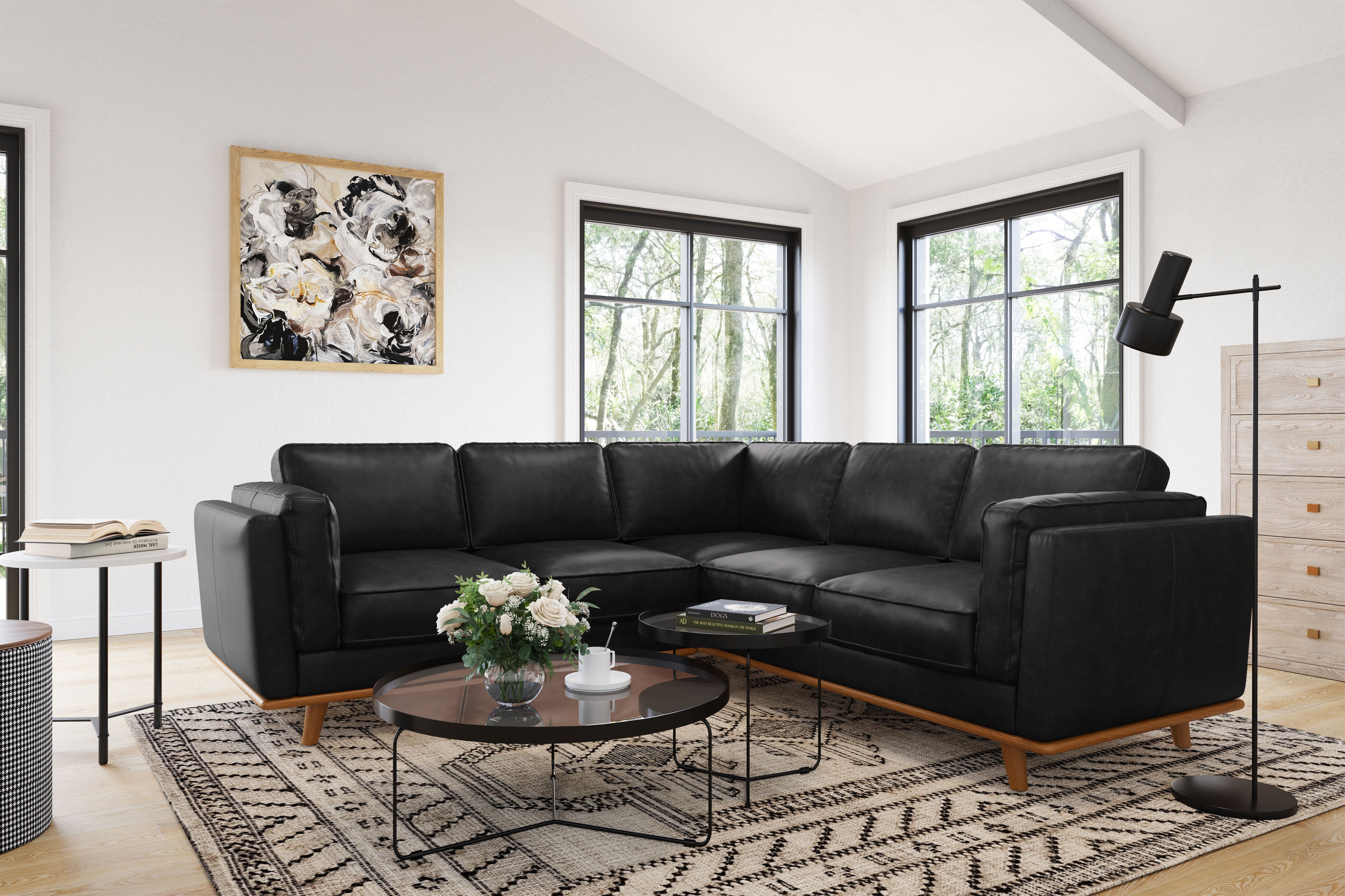 Valencia Artisan L Shape Corner Leather Sectional Sofa Black