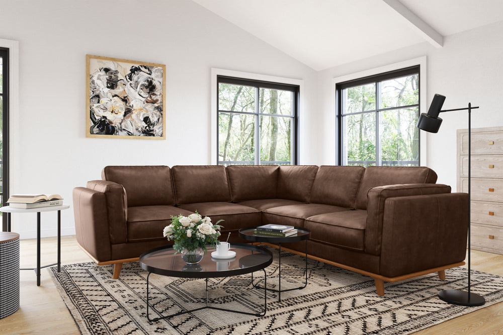 Valencia Artisan L-Shape Corner Leather Sectional Sofa, Dark Chocolate