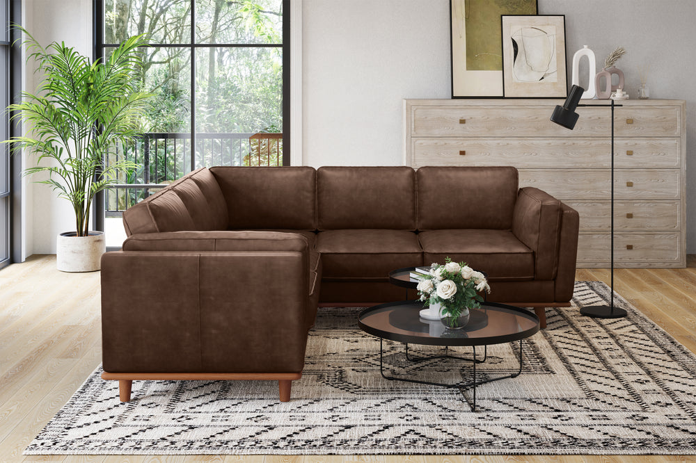 Valencia Artisan L-Shape Corner Leather Sectional Sofa, Dark Chocolate