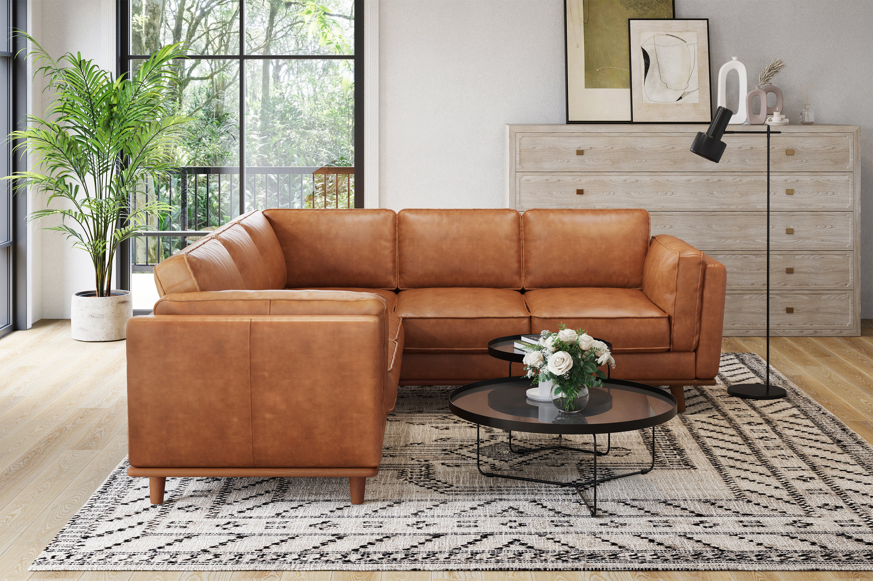 Valencia Artisan L-Shape Corner Leather Sectional Sofa, Cognac Left side diagram