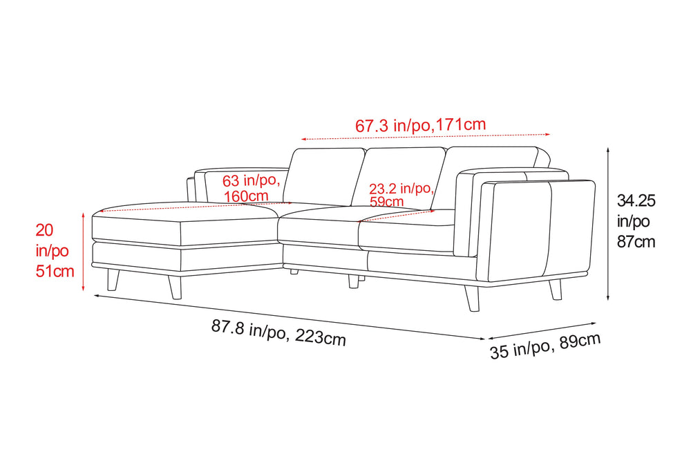 Valencia Artisan Top Grain Leather Three Seats with Left Chaise Leather Sofa, Black Color