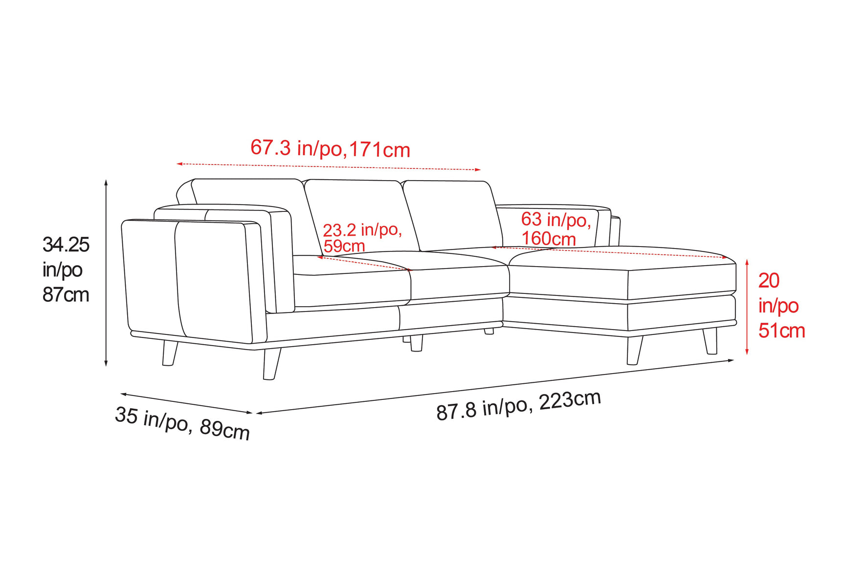 Valencia Artisan Top Grain Leather Three Seats with Right Chaise Leather Black Sofa Size diagram