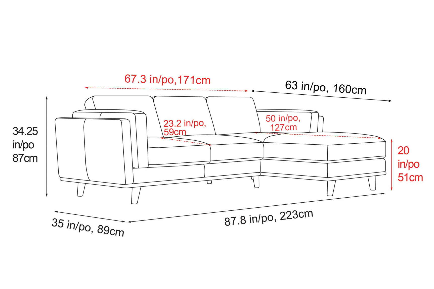 Valencia Artisan Top Grain Leather Three Seats with Right Chaise Leather Cognac Sofa Size drawing