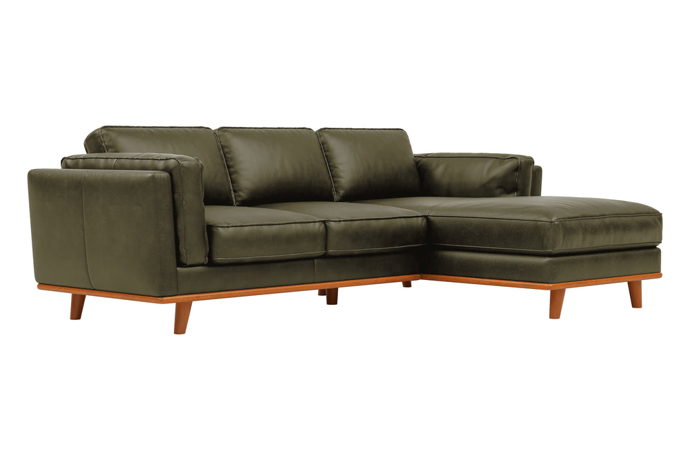 Valencia Artisan Top Grain Leather Three Seats with Right Chaise Leather Sofa, Olive Green