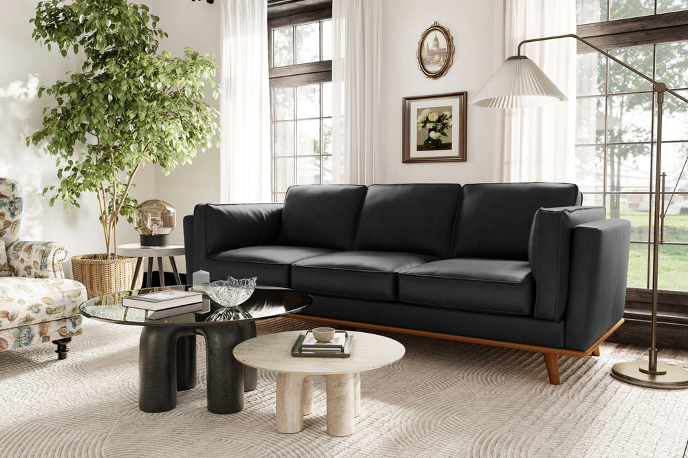 Valencia Artisan Wide Three Seats Leather Sofa, Black