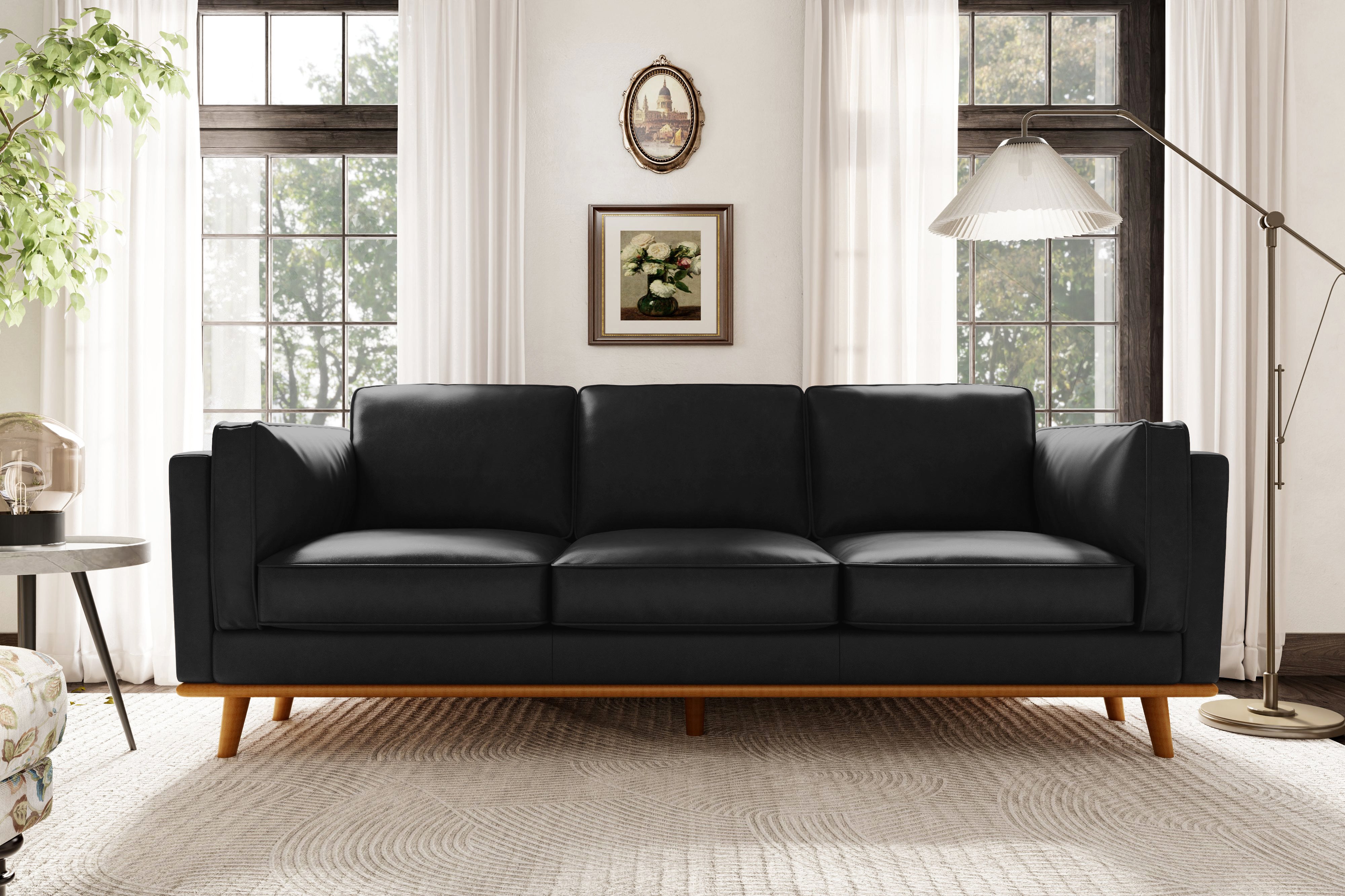 Valencia Artisan Wide Three Seats Leather Sofa Black