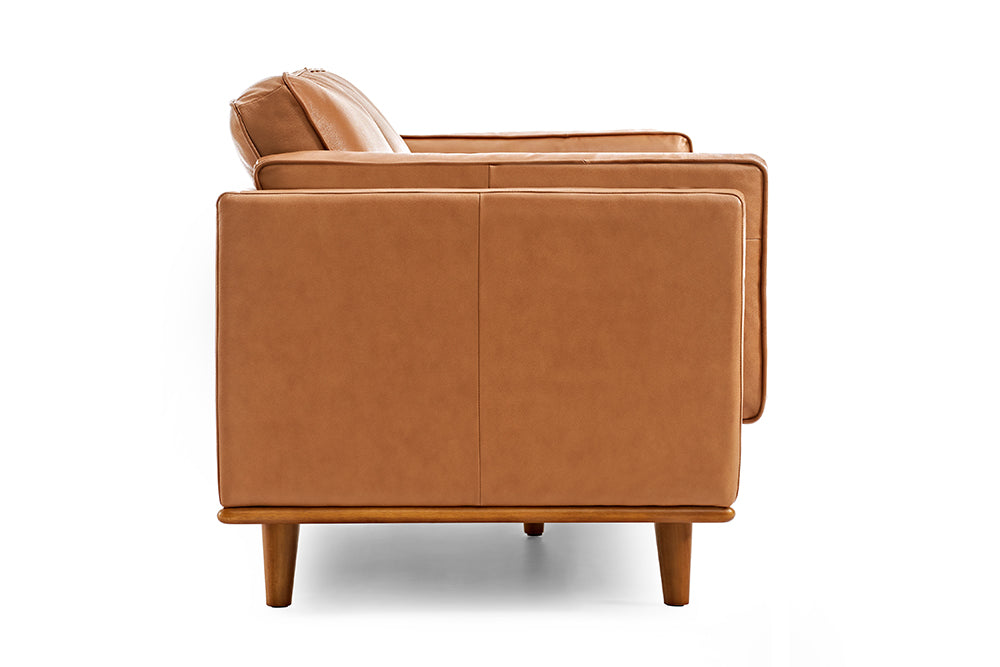 Valencia Artisan Wide Three Seats Leather Cognac Color Sofa Right side picture White background diagram