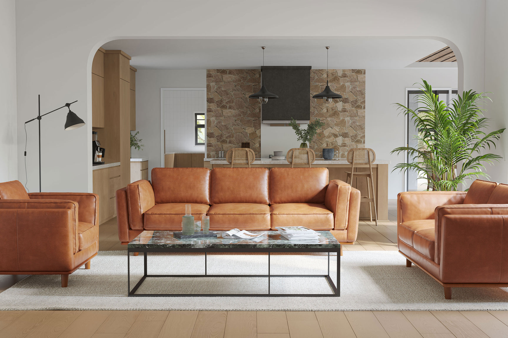 Valencia Artisan Wide Three Seats Leather Cognac Color Sofa Scene map-2