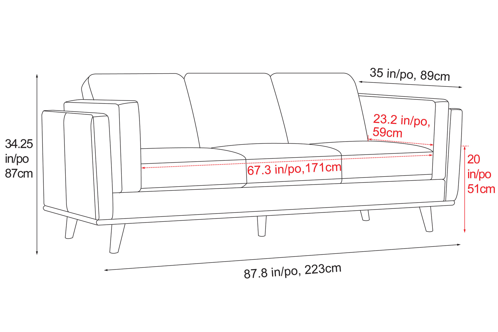 Valencia Artisan Wide Three Seats Leather Cognac Color Sofa Size drawing