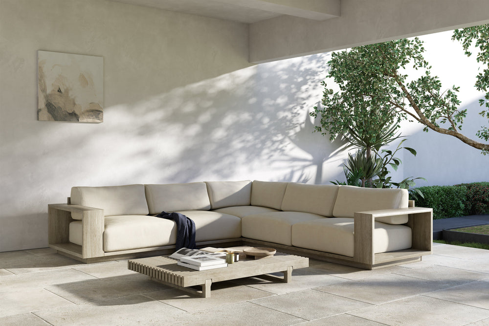 Valencia Bennett Fabric L-Shape Outdoor Sectional Sofa, Ivory Scene diagram