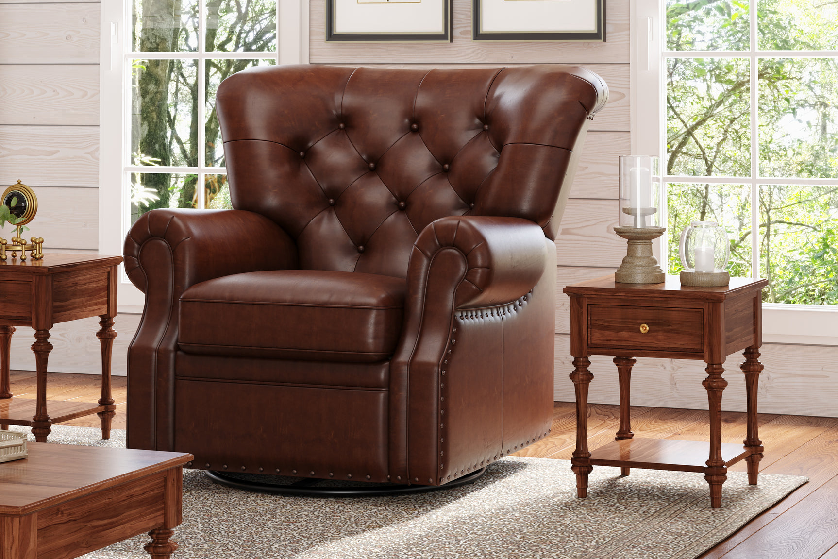 In Living Room, Right Angled View of Valencia Liam Tufted Full-Anline Leather Recliner with Nailheads, Single Seat, Lipari Choco