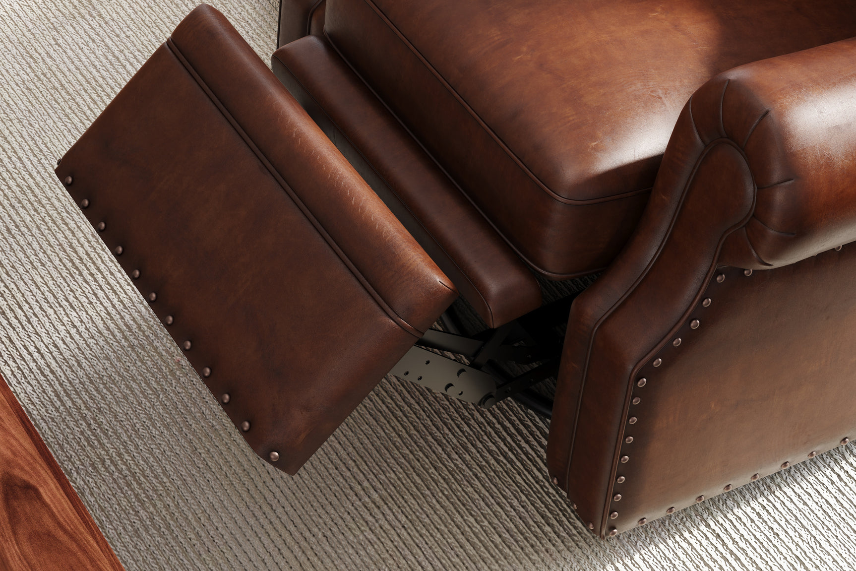 In Living Room, Open Recliner Close Up View of Valencia Liam Tufted Full-Anline Leather Recliner with Nailheads, Single Seat, Lipari Choco