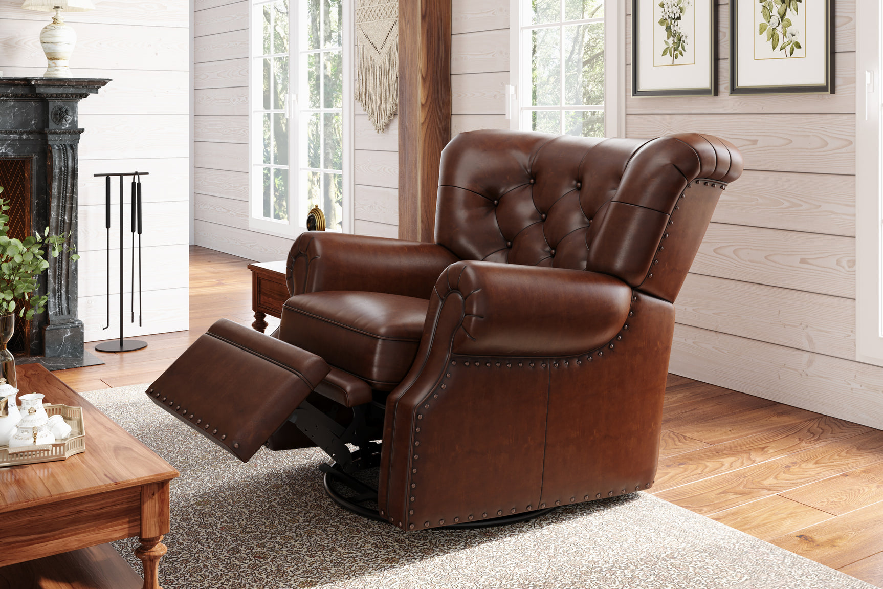 In Living Room, Right Angled Open Recliner Close Up View of Valencia Liam Tufted Full-Anline Leather Recliner with Nailheads, Single Seat, Lipari Choco