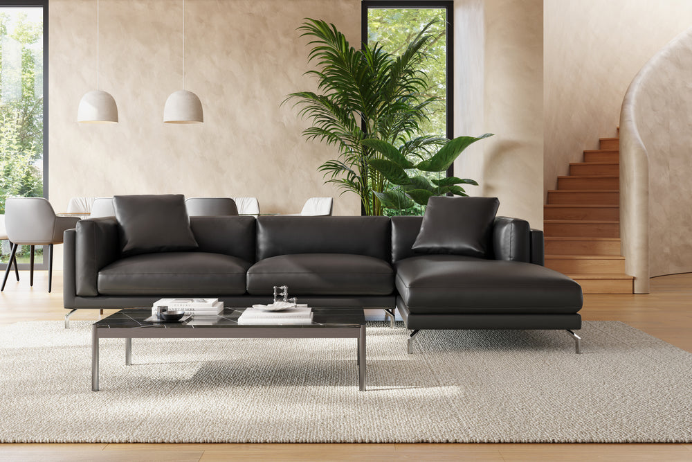 Valencia Zadar Leather Sofa with Right Chaise, Black