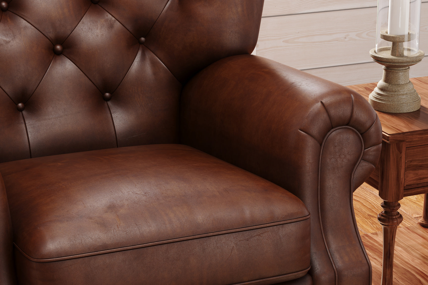 In Living Room, Armrest Close Up View of Valencia Liam Tufted Full-Anline Leather Recliner with Nailheads, Single Seat, Lipari Choco