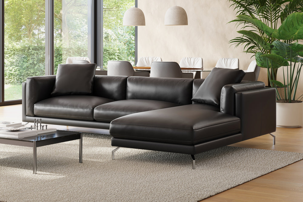 Valencia Zadar Leather Sofa with Right Chaise, Black