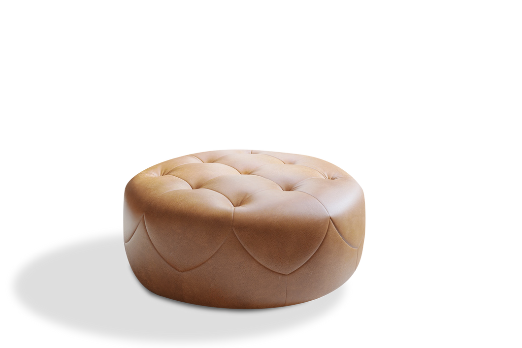 Valencia Brandy Round Full Leather Ottoman, Cognac color