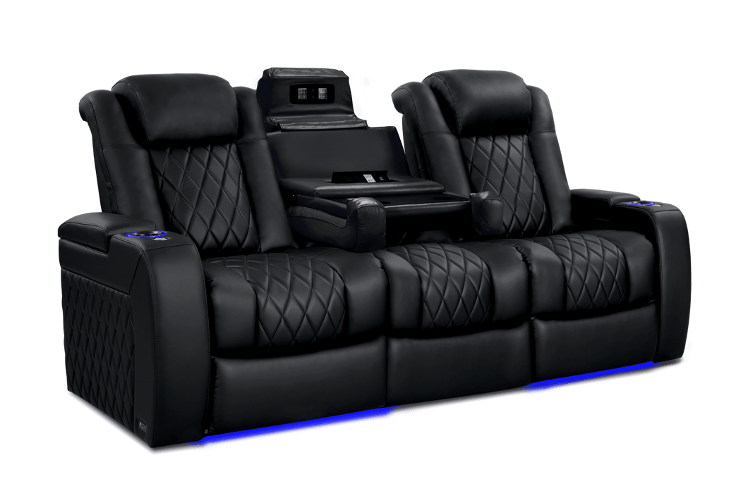 Valencia 2025 New Tuscany Console With Heat & Massage Leather Home Theater Seating Row of 3 with Dropdown Center, Midnight Black