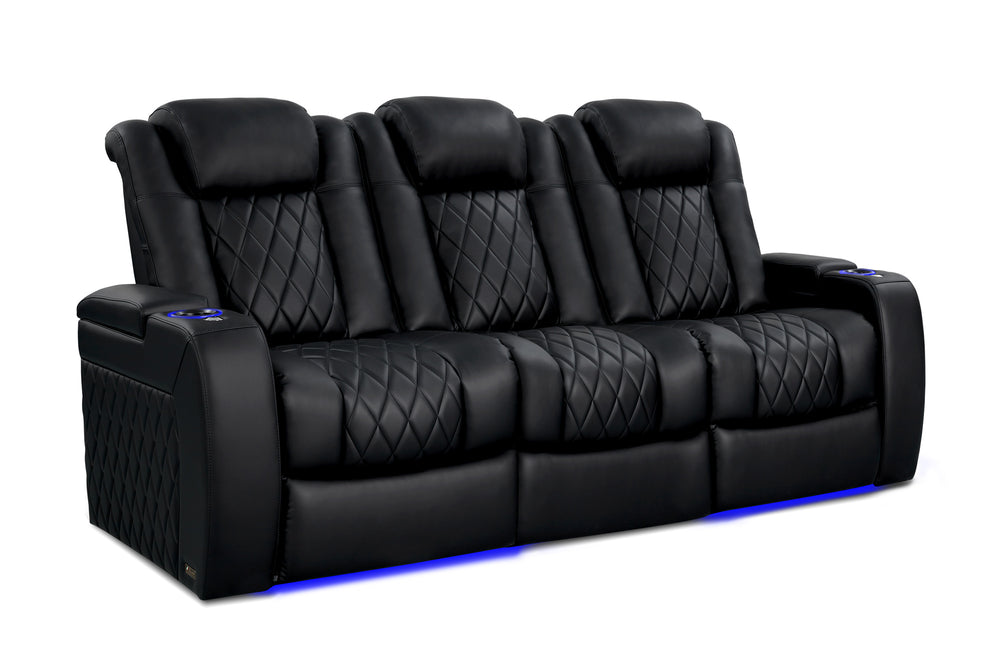 Valencia 2025 New Tuscany Console With Heat & Massage Leather Home Theater Seating Row of 3 with Dropdown Center, Midnight Black