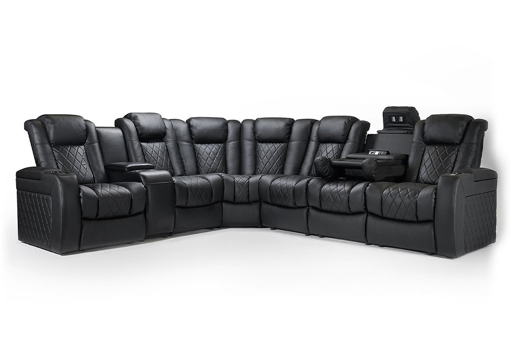 Valencia Tuscany Multimedia Sectional Leather Home Theater Seating Console Right & Dropdown Center Left, Black