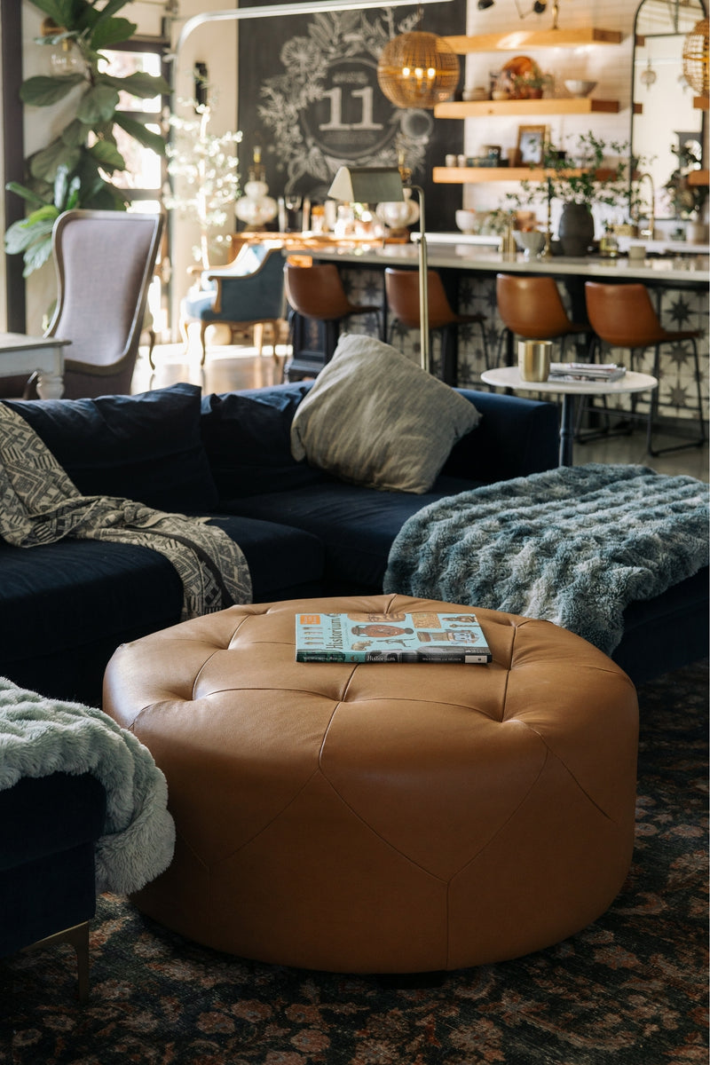 Brandy Round Full Leather Ottoman