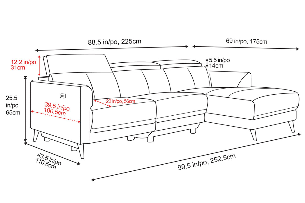 Valencia Andria Modern Right Hand Facing Top Grain Leather Reclining Sectional Sofa, Black Color