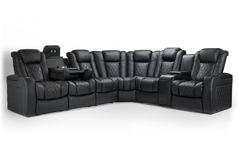 Valencia Tuscany Multimedia Sectional Leather Home Theater Seating Console Left & Dropdown Center Right, Black