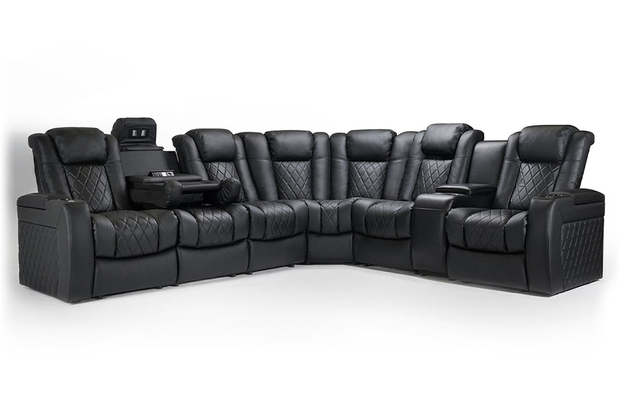 Valencia Tuscany Multimedia Sectional Leather Home Theater Seating Console Left & Dropdown Center Right, Black