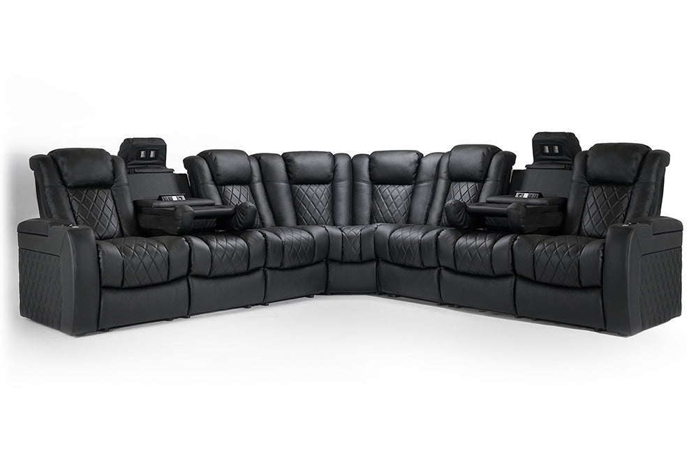 Valencia Tuscany Multimedia Sectional Leather Home Theater Seating Dual Dropdown Center, Black