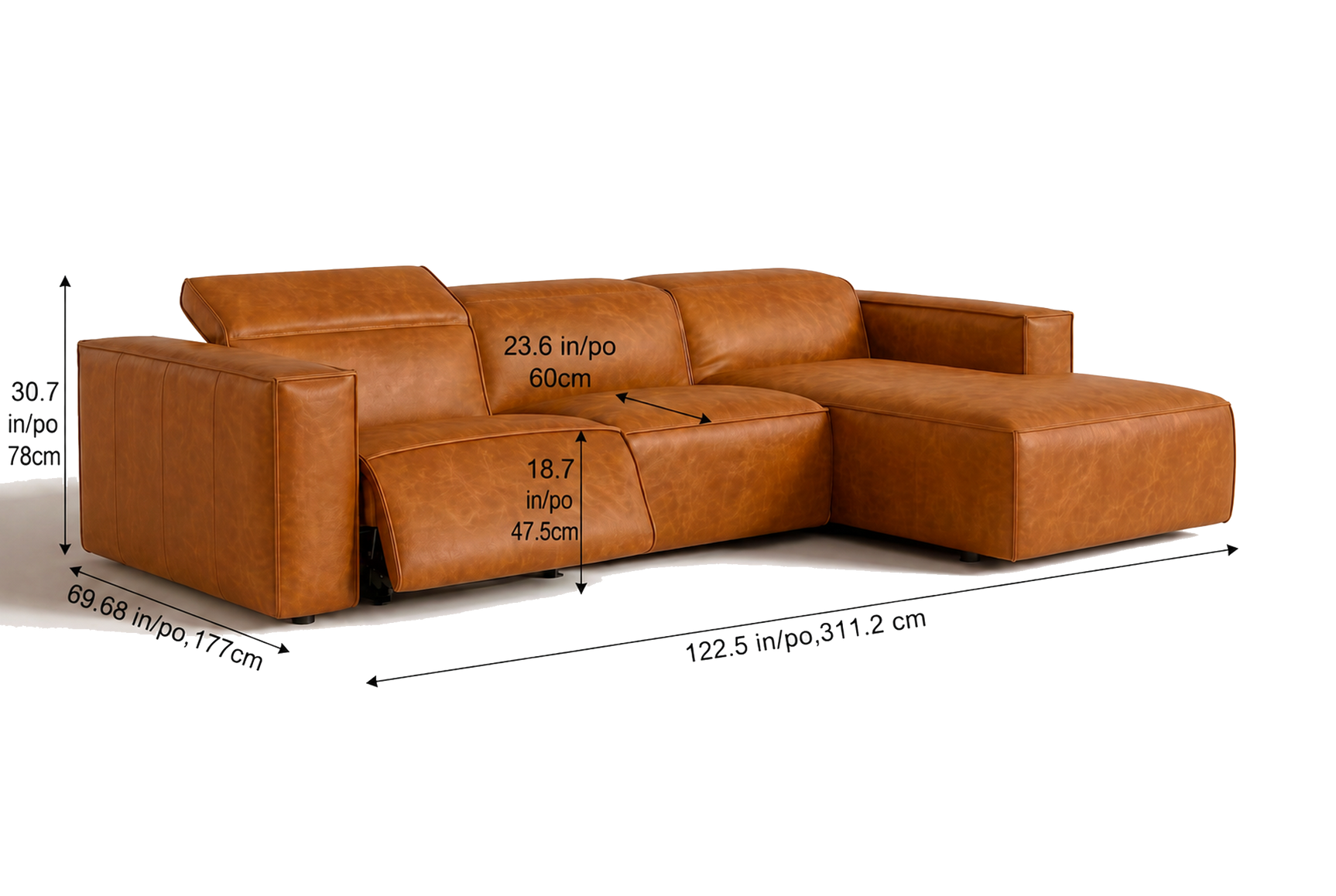 Emery Distressed Italian Aniline Leather Recliner Sectional Sofa